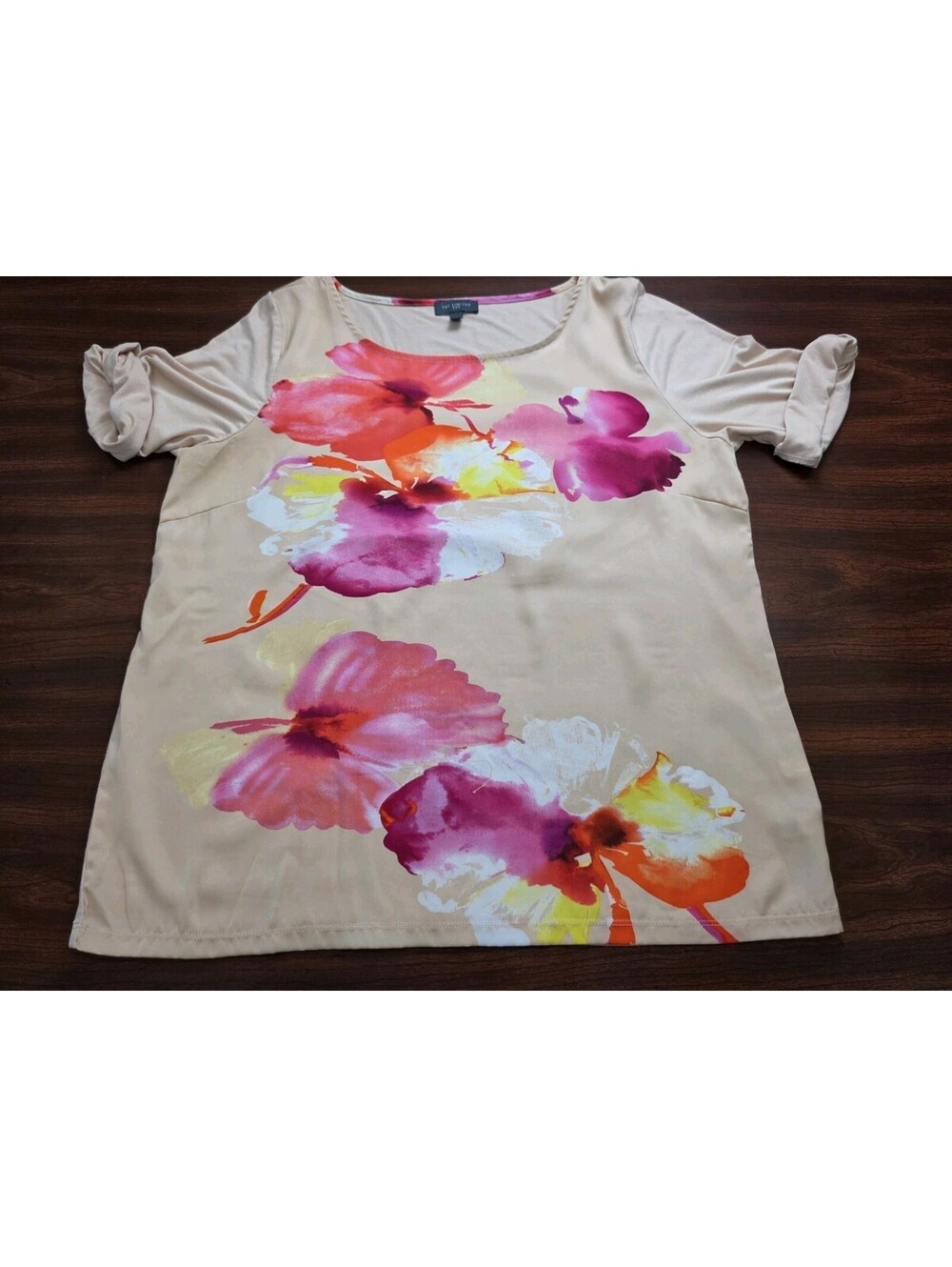 The Limited Size XL Beige Watercolor Floral Print Short Sleeve Blouse Boho Top